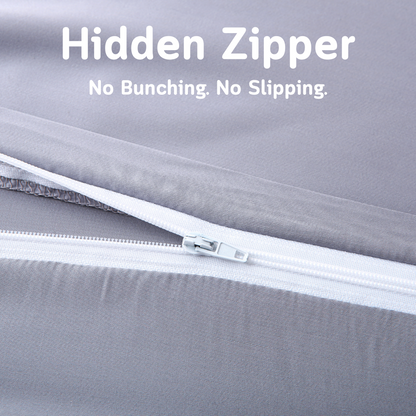 Close-up of hidden zipper on Cushyz bamboo cooling pillow cover, highlighting secure fit with no bunching or slipping.