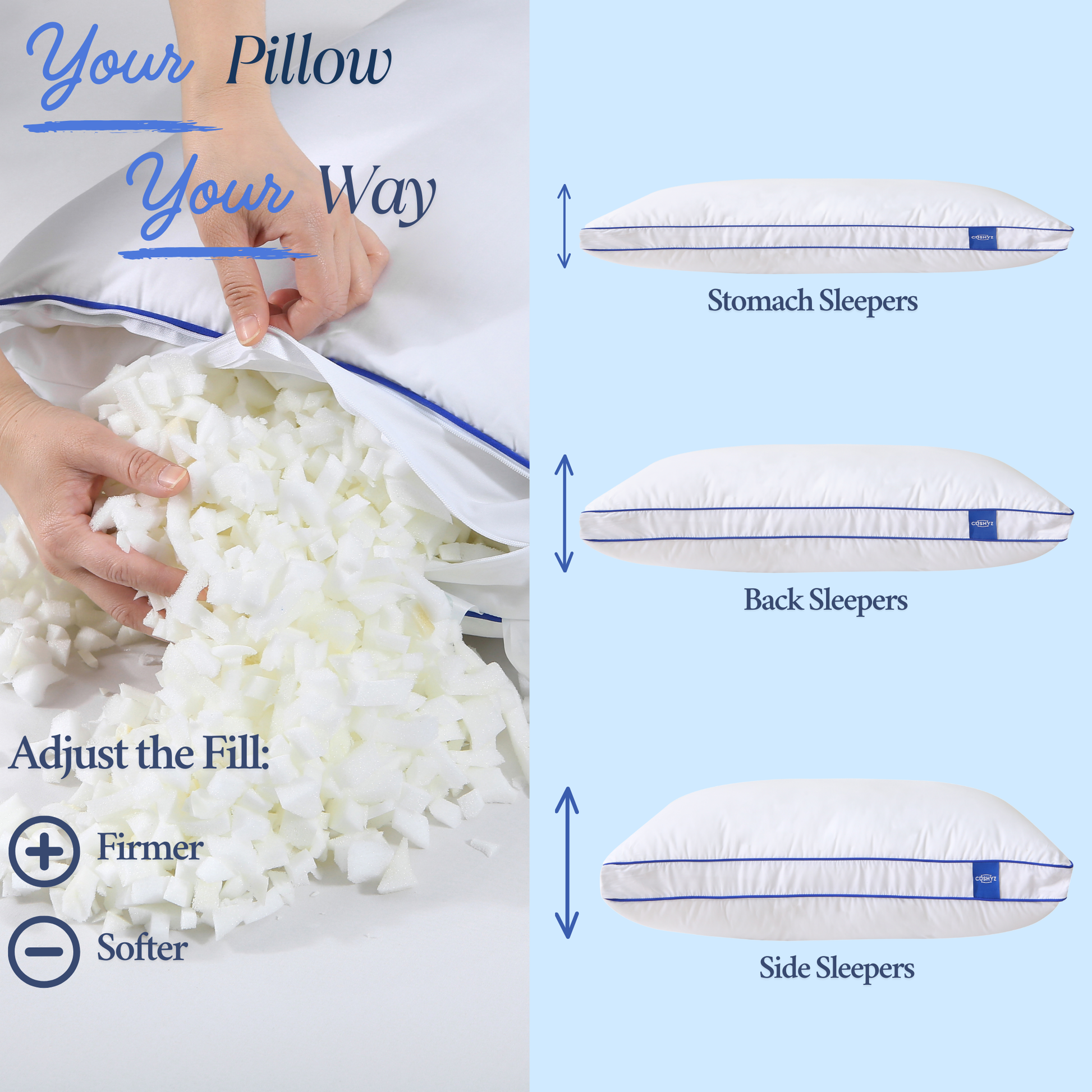 Cushyz Premium Adjustable Memory Foam Pillow with gusseted side design, offering adjustable loft, customizable firmness, and height, suitable for stomach, back, and side sleepers.