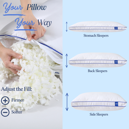 Cushyz Premium Adjustable Memory Foam Pillow with gusseted side design, offering adjustable loft, customizable firmness, and height, suitable for stomach, back, and side sleepers.