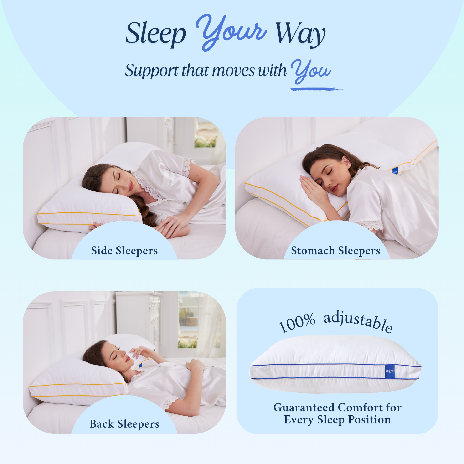 Woman sleeping on Cushyz Adjustable Memory Foam Pillow for neck pain relief and spinal alignment, suitable for side, back, and stomach sleepers. Pillow with organic cotton 400 thread count with down-alternative padding.