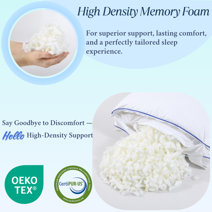 Premium Adjustable Memory Foam Pillow, reusable extra fill pouch, and removable washable cover (memory foam pillow, good pillow). Breathable comfort pillow with OEKO-TEX and CertiPUR-US certification.