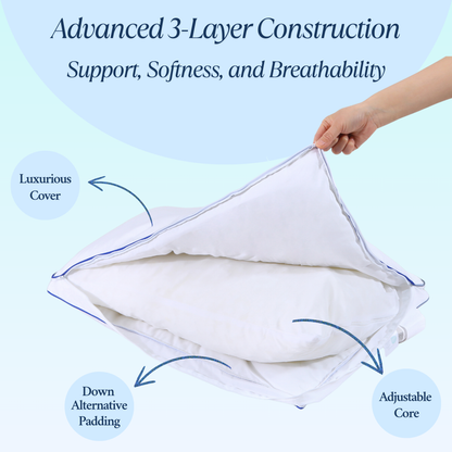 Cushyz premium adjustable memory foam pillow layers with organic cotton cover, down-alternative padding, and high-density foam core